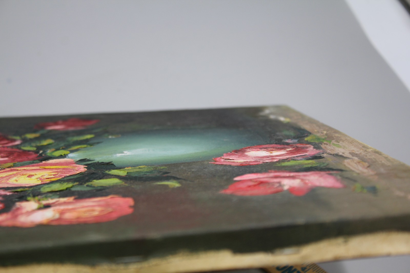 Vintage Original Oil Painting on Canvas Pink Roses in a Blue Vase 16×20” Vintage
