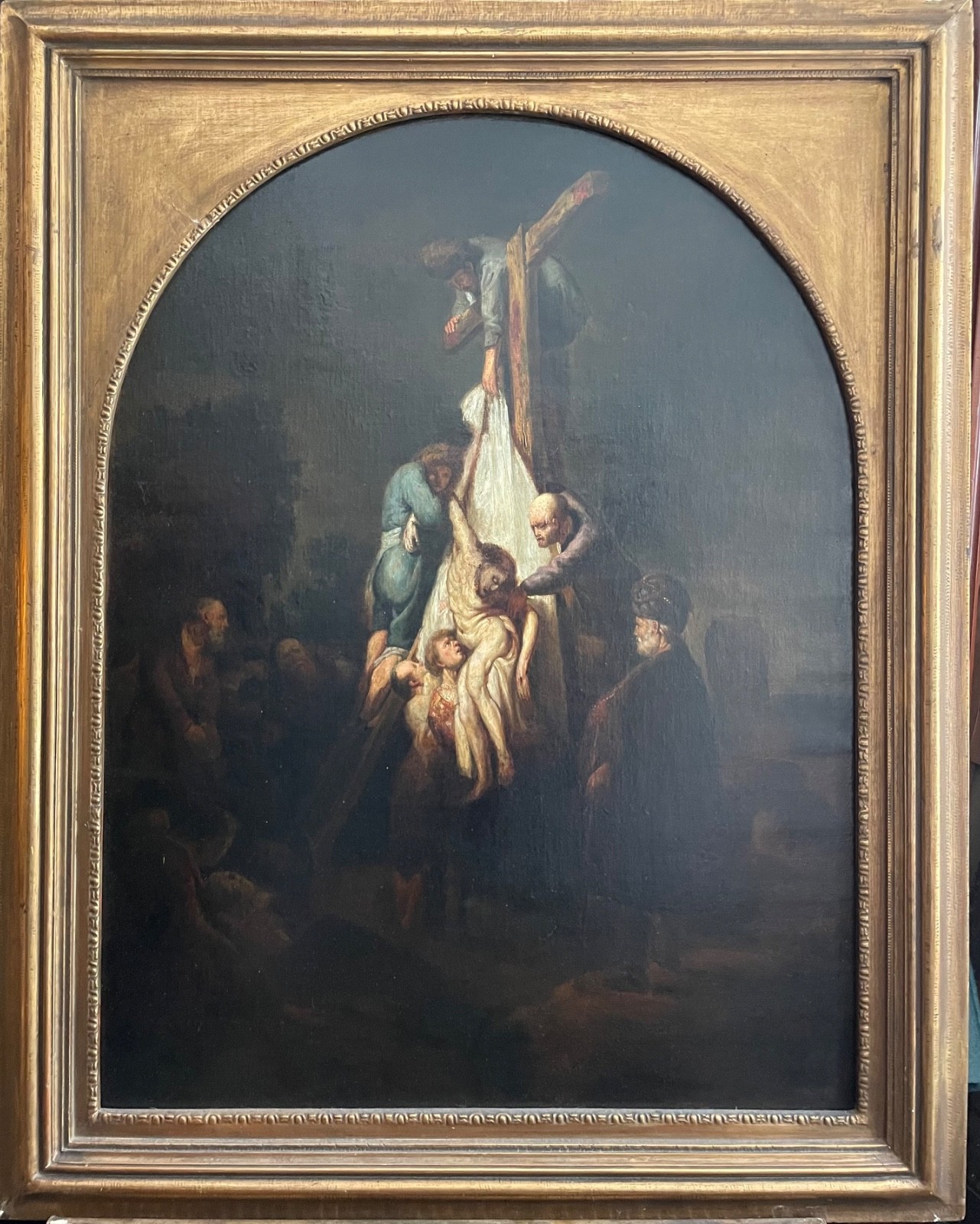 19th Century REMBRANDT after – Large Antique Oil – The Descent from the Cross