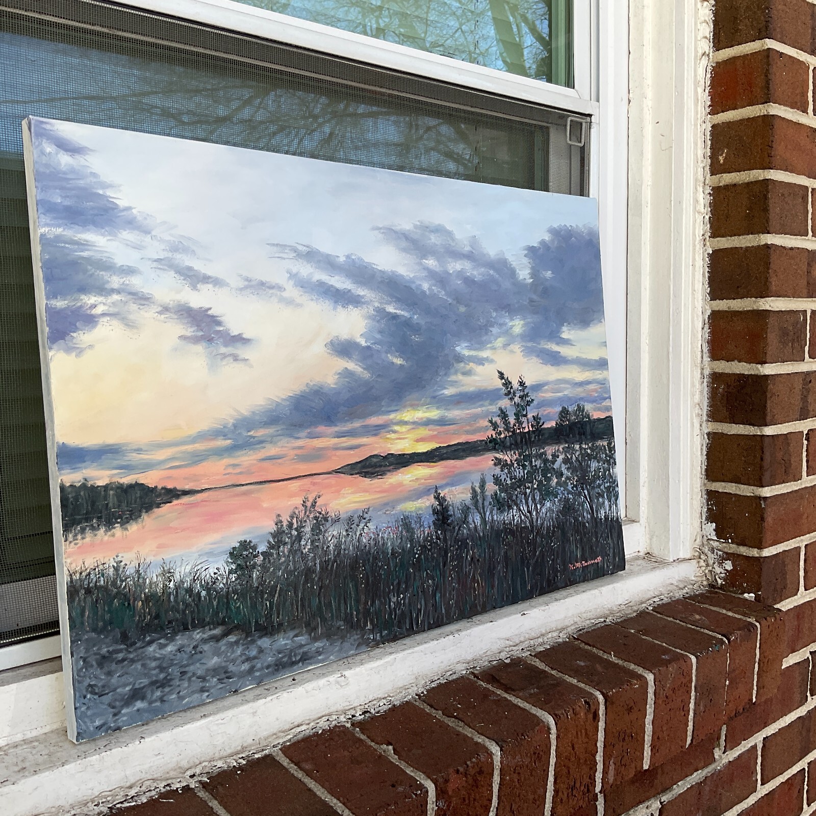 BREEZE ALONG THE RIVER original unframed 16×23 inch oil painting by K. McDermott