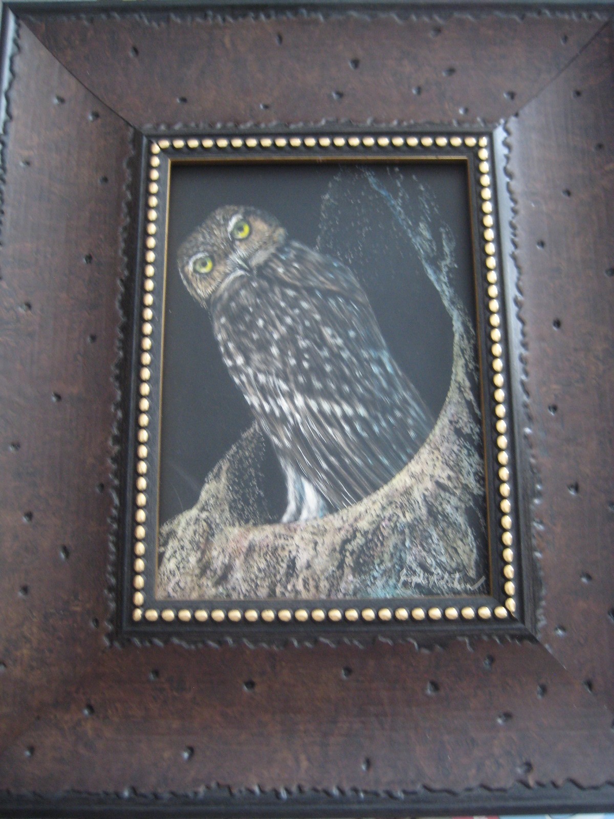 FRAMED ORIGINAL SCRATCHBOARD ART OWL by JOSEPH ROBERTSON in ORIGINAL WOOD FRAME