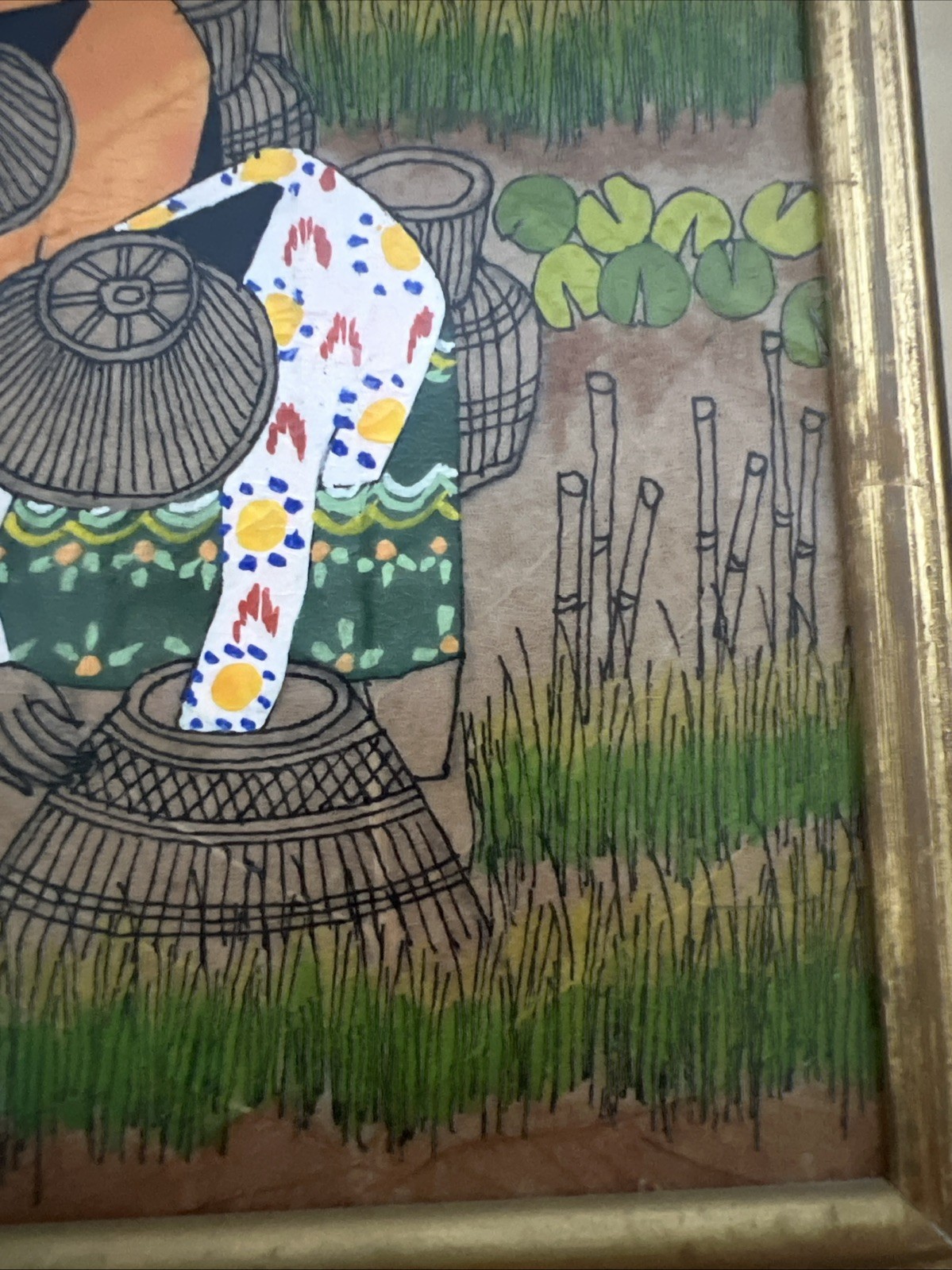 Asian Thai Expressionist Leaf painting-Artist Thanom-Vintage-MCM