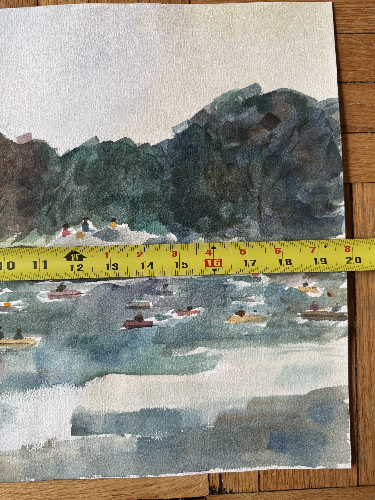 Vintage Watercolor Painting Rowers Central Park NYC Peter Feldman 14 x 20
