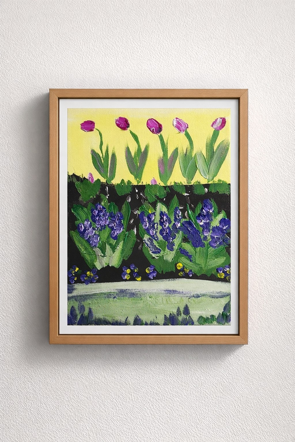 Spring Tulip Garden Painting 11×14 Original Acrylic Floral Art Hyacinth Pansies