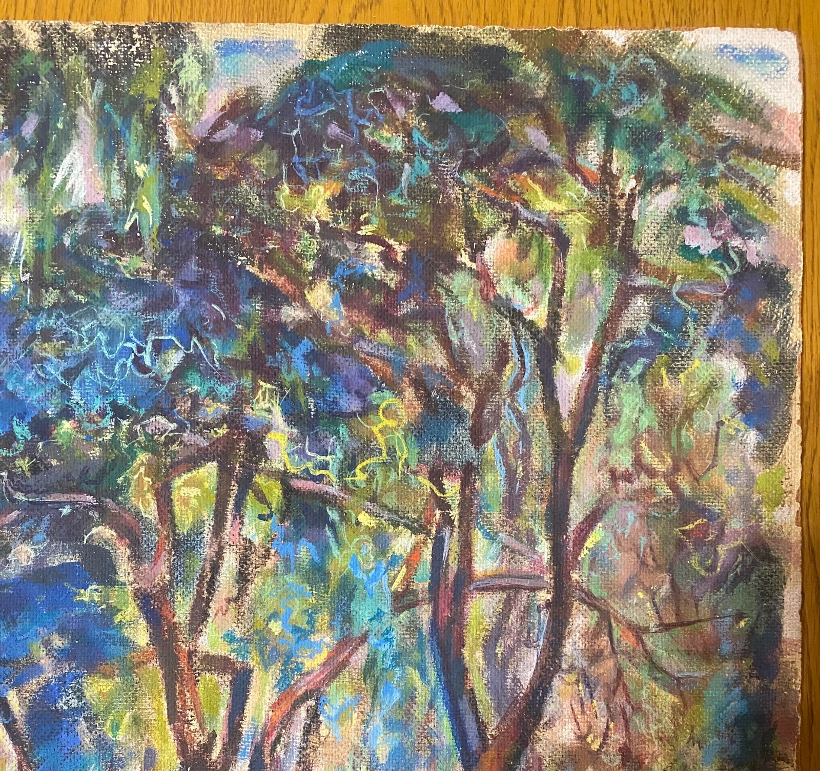 Colorful Original Modernist / Impressionist Artist Oil on Board W/ House & Pond