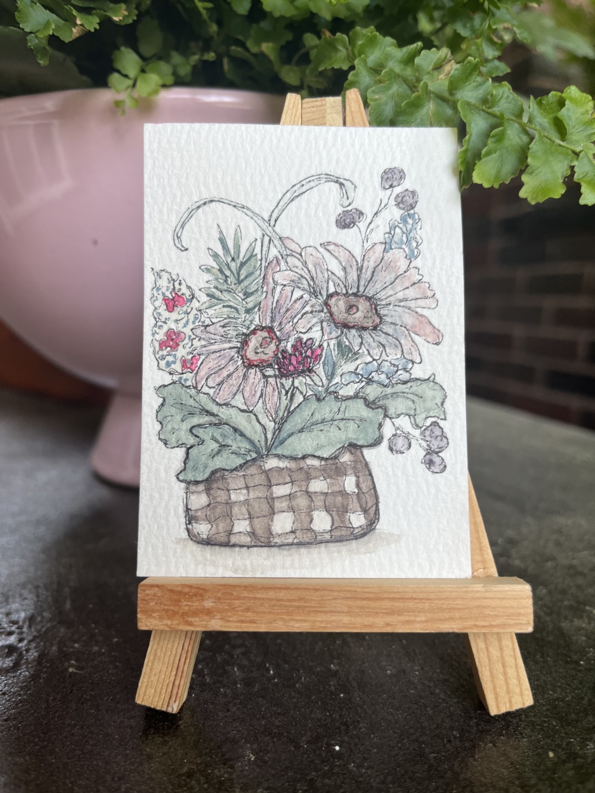 ACEO Original Floral Basket Watercolor Ink Painting Cottagecore Flowers Mini Art