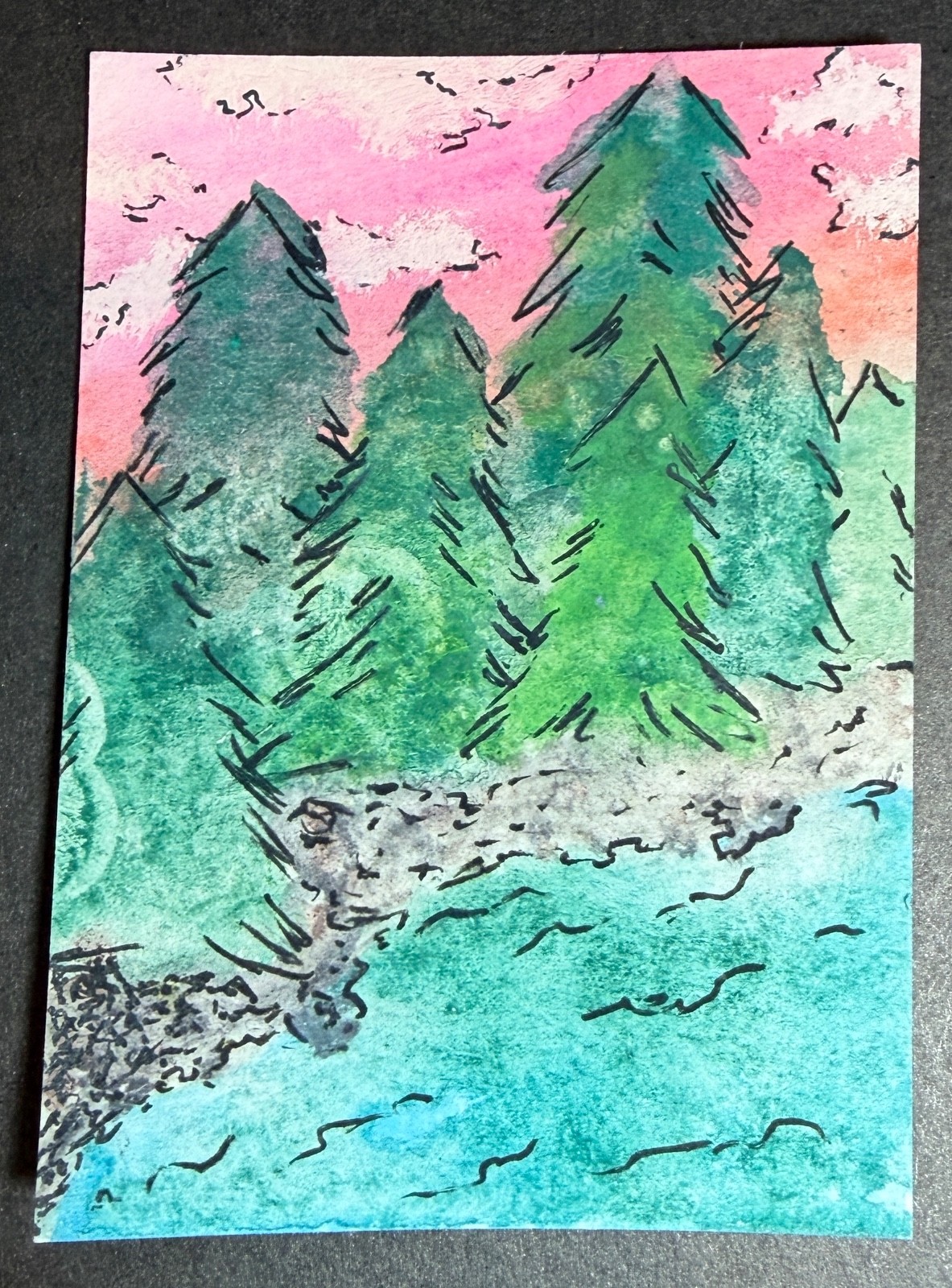 ACEO Original, forest, pink sunset, watercolor painting by Rebecca Brown