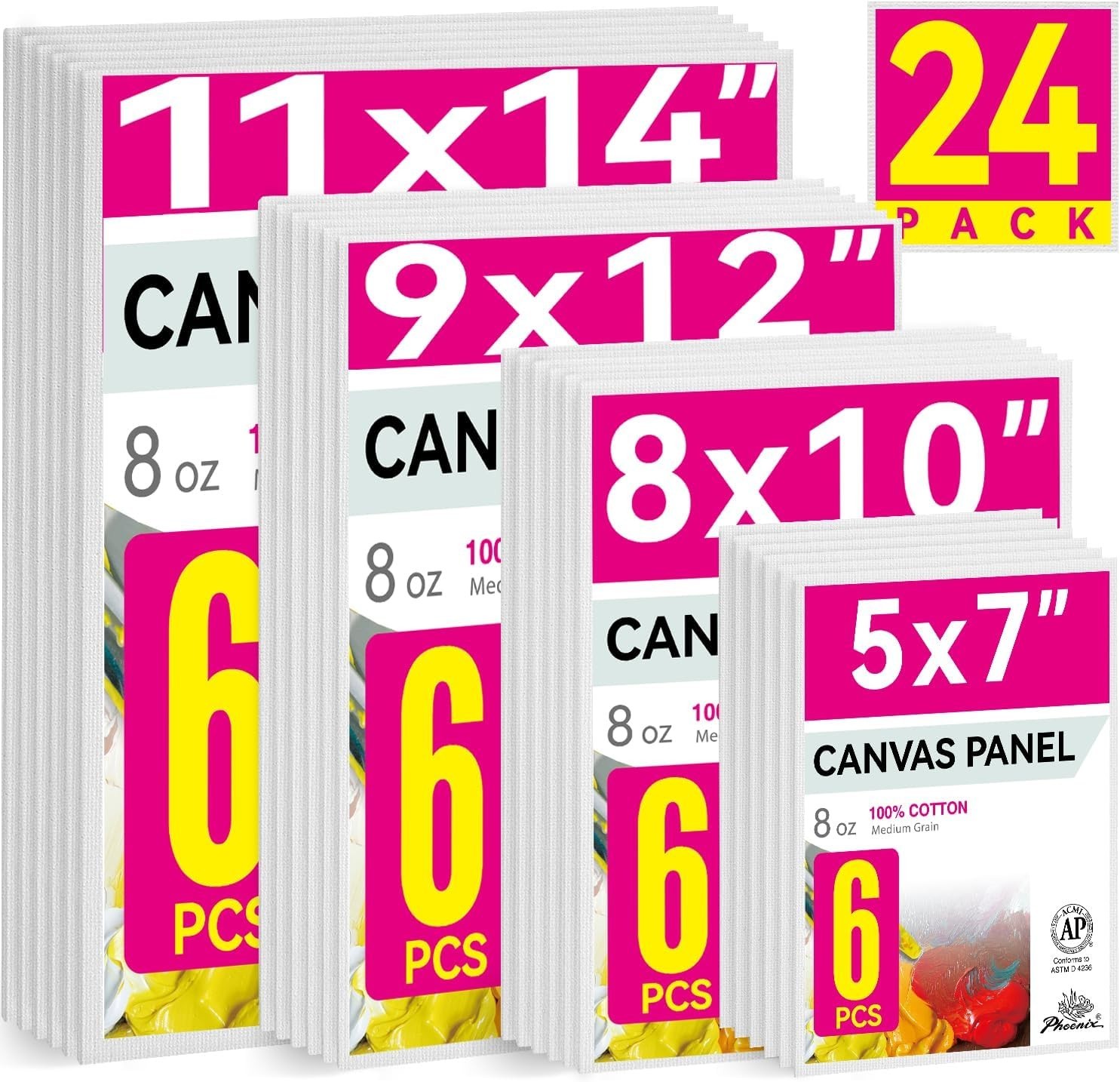 Artist-Quality 24 Canvas Panels – 100% Cotton, Multiple Sizes for Creativity