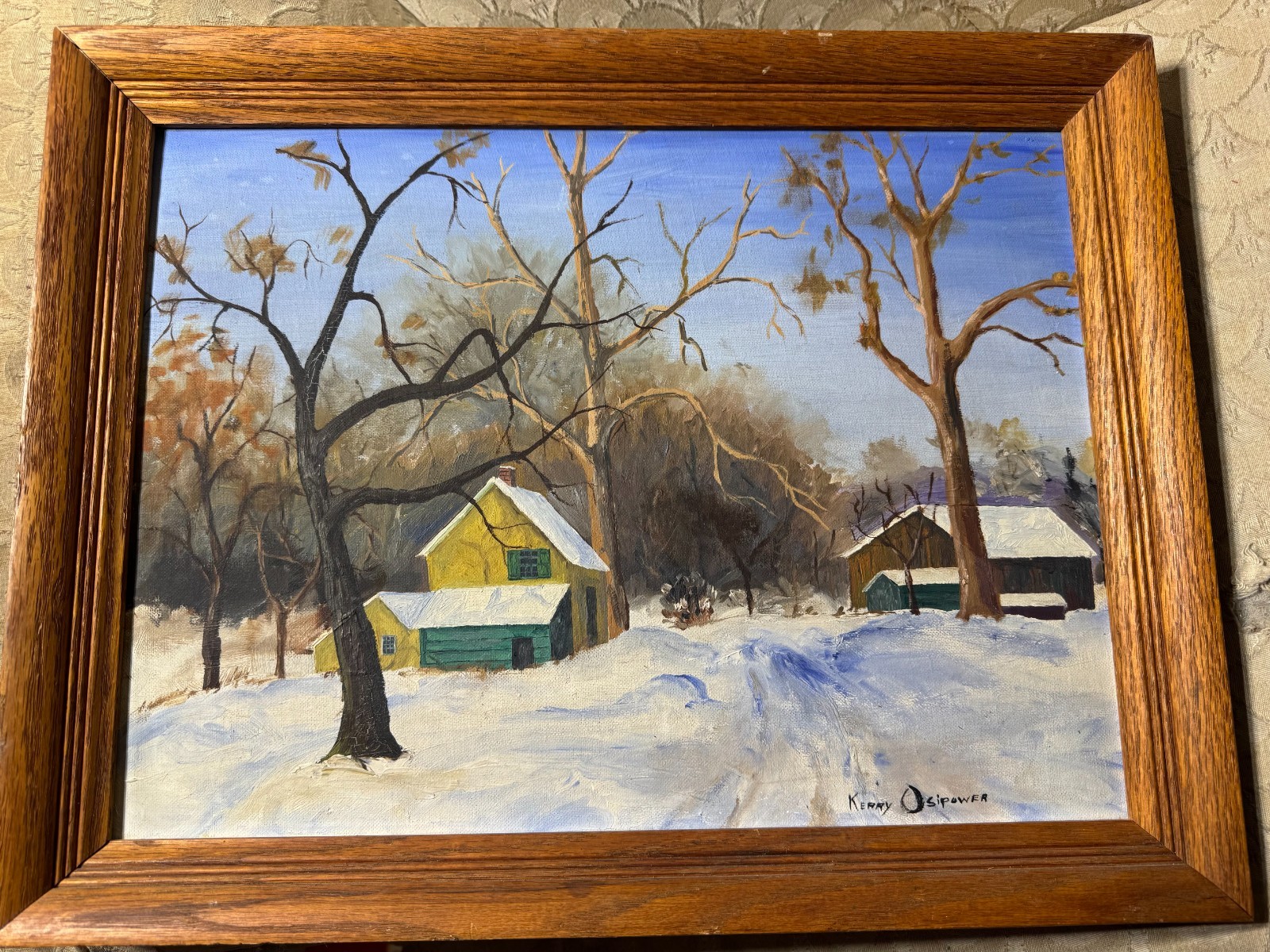 Kerry Osipower «Winter Landscape With Homes Scene» Oil Painting – Signed/Framed