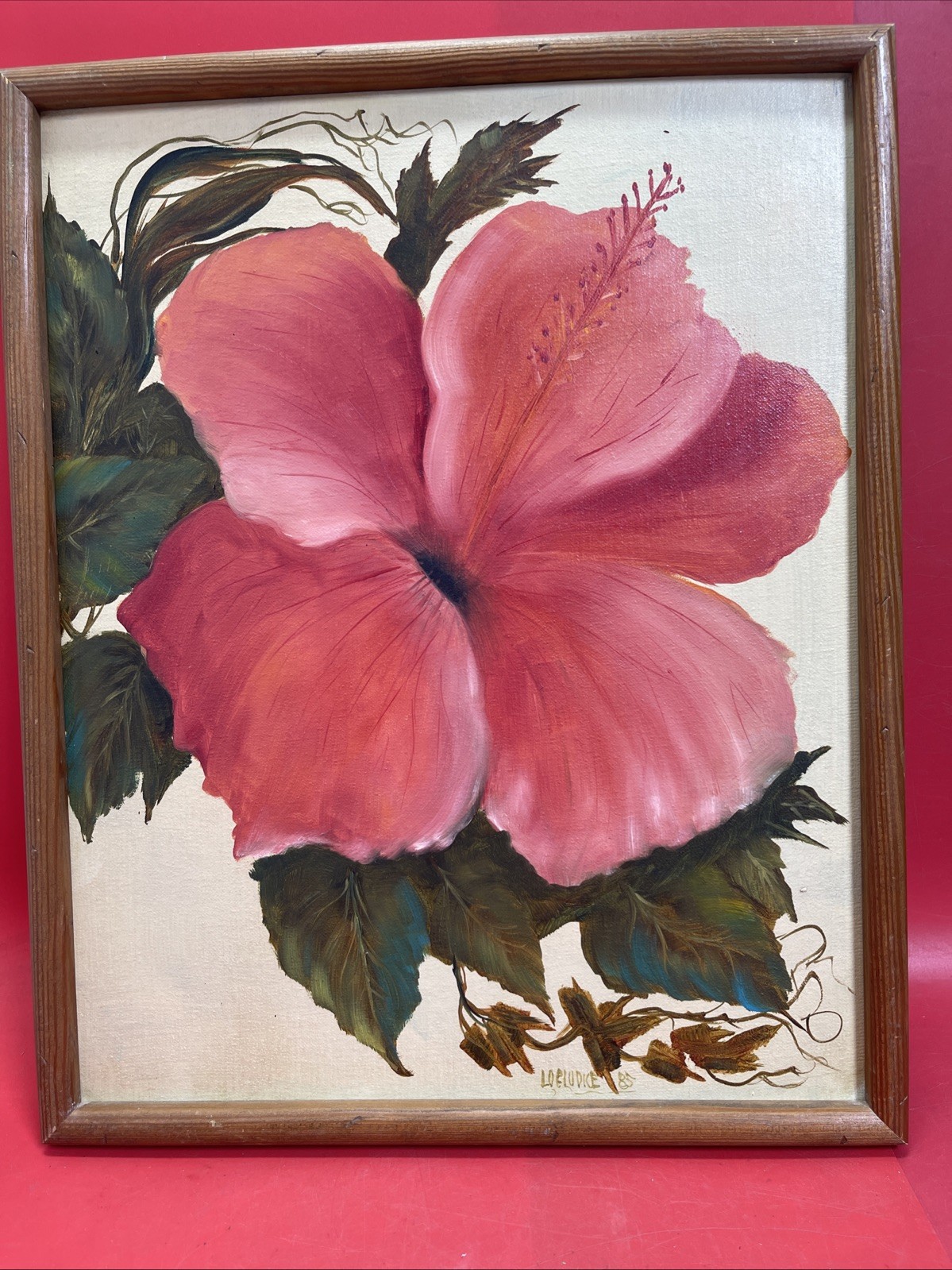 Vintage painting,,Hibiscus Flower «Signed LOELUDICA 85