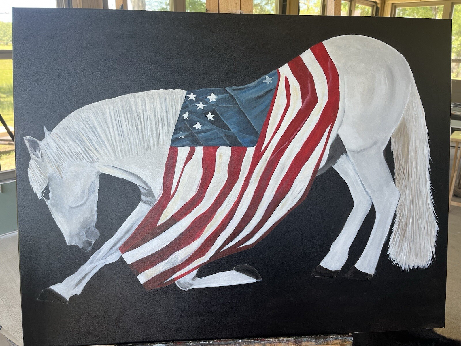 Bowing White Horse W Flag Painting On Canvas By Arkansas Artist Leah j Smith