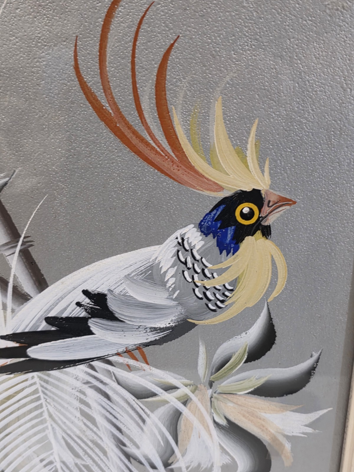 1950s MCM Bird Of Paradise Original Silverboard Painting Framed 16″x20″