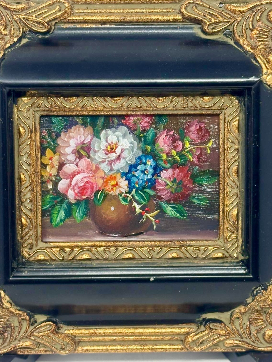Vintage Mini Floral Still Life Painting Ornate Black Gold Frame 8×7