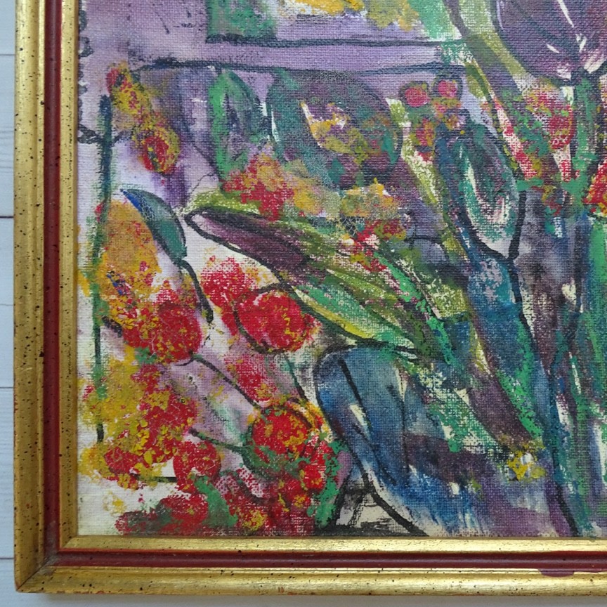 Mid Century Floral Abstract Impressionism Oil Painting Framed Signed 14.75×10.75