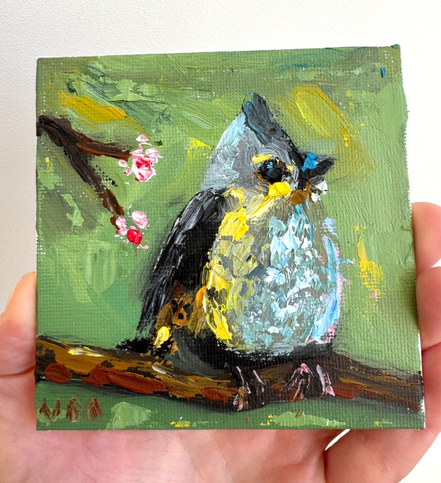 Titmouse Oil Painting Bird Original Canvas Wildlife Impressionist Art Gift Idea