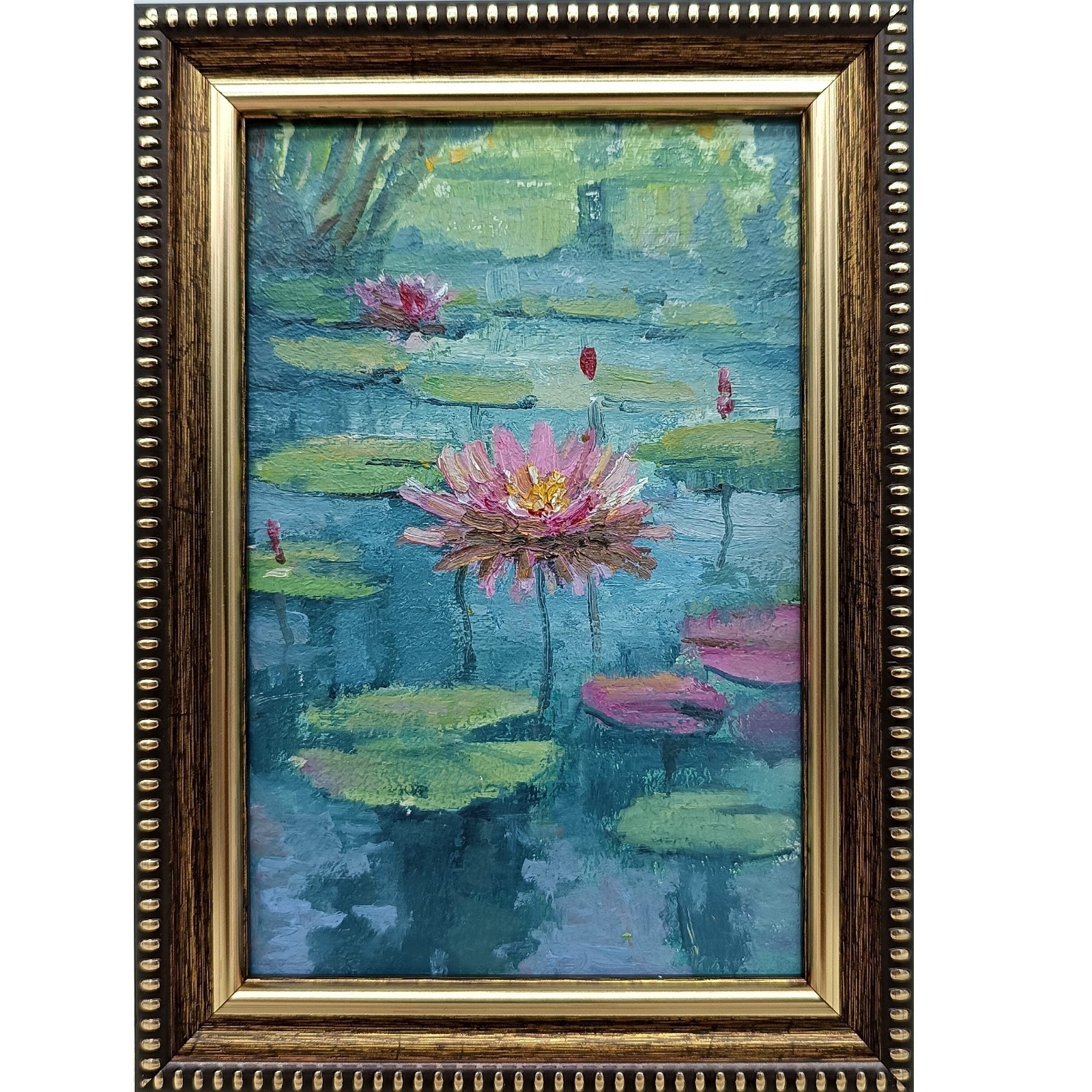 Water Lilies Original Oil Painting 6×4 Framed Signed Lotus Lake Landscape Art