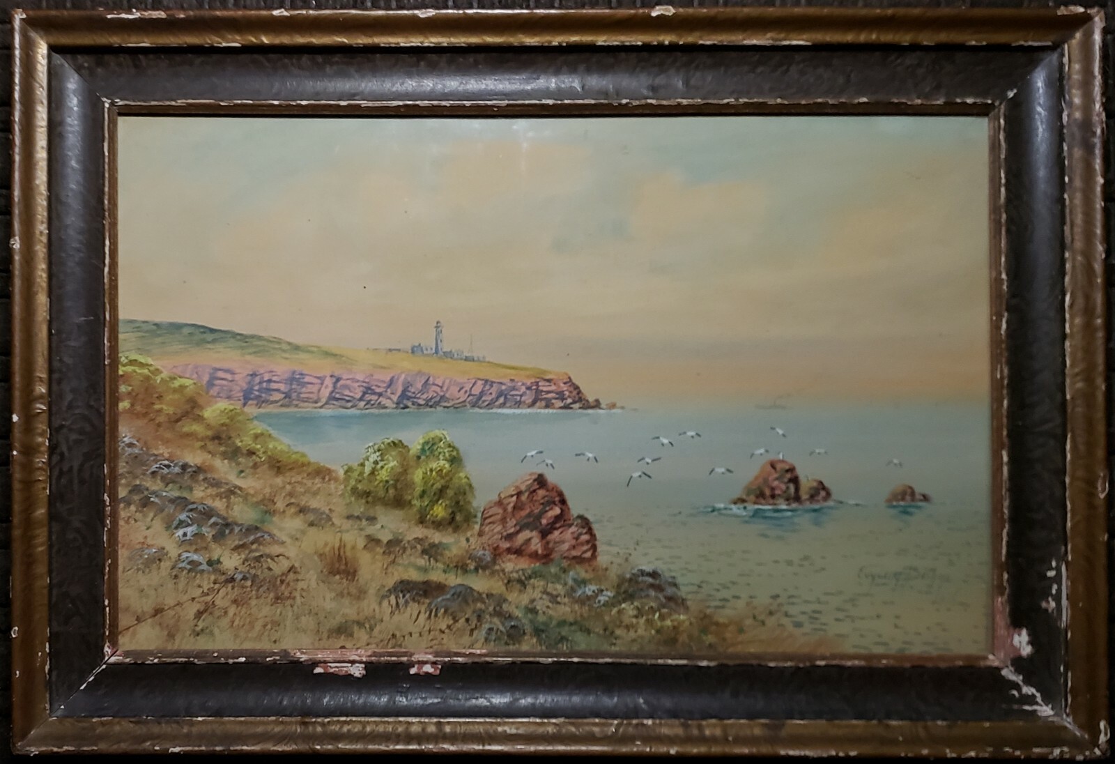 ANTIQUE BRITISH ARTIST EVELYN BISHOP FRANK DOBSON CORNWALL LIGHT HOUSE PAINTING