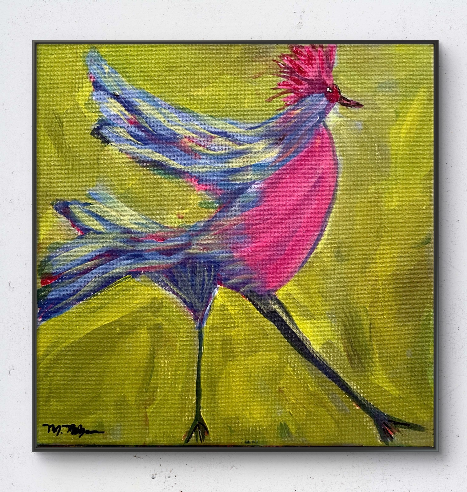 Bold Acrylic Bird Art Vibrant Pink Crested Figure on Green Original 10×10 Signed