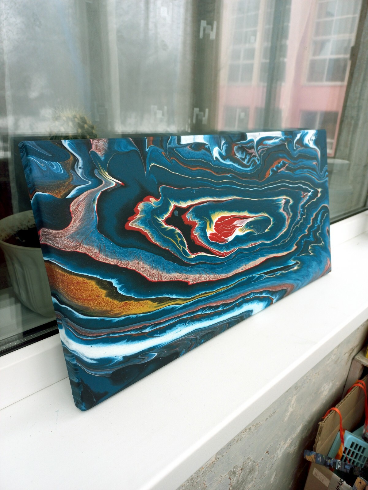 Original Abstract Painting Red Center Dark Blue Flowing Layers Artwork, 12×24
