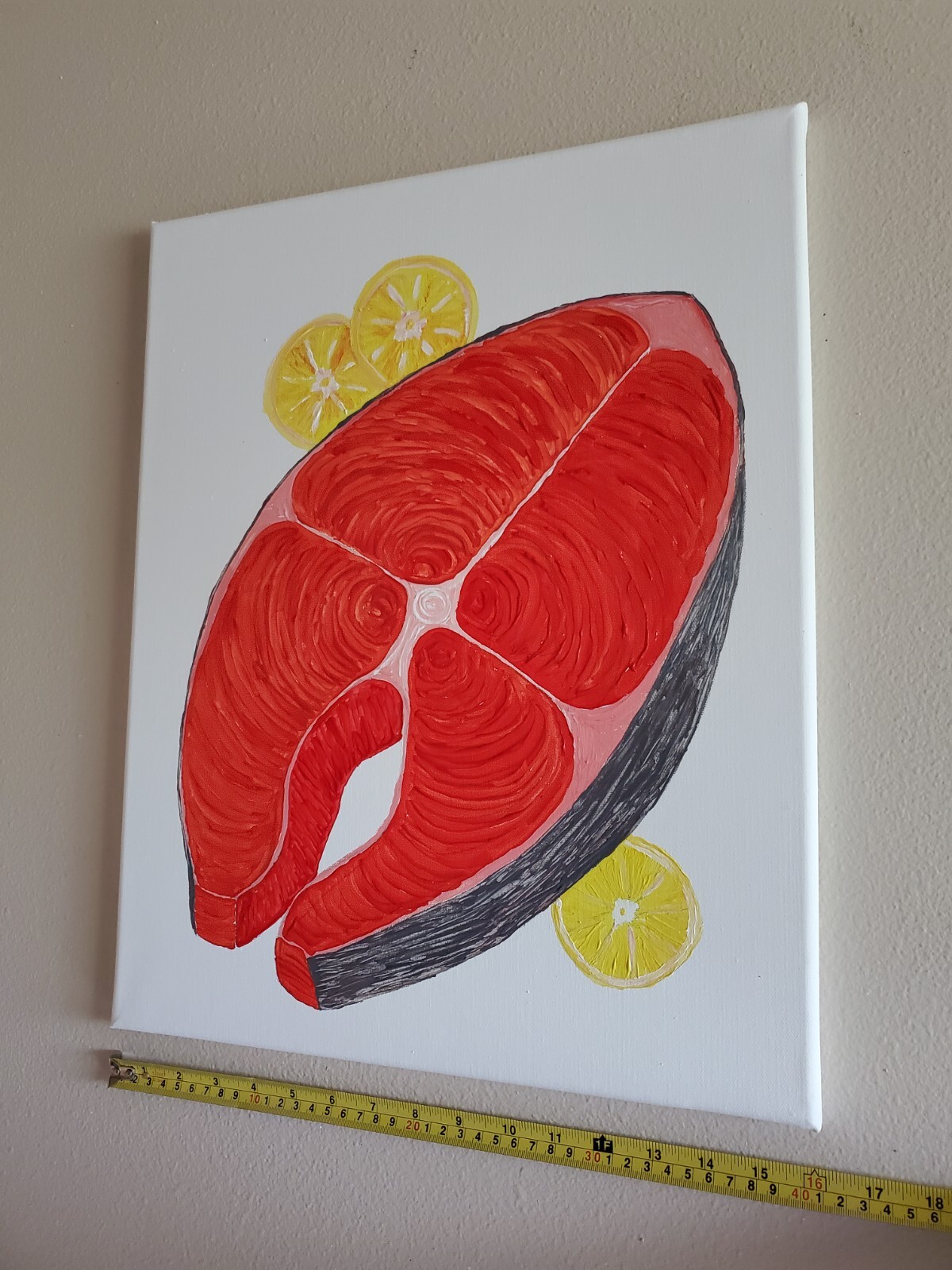 Acrylic Painting Wooden Frame 20×16 Art Decor Fish Salmon Steak Food
