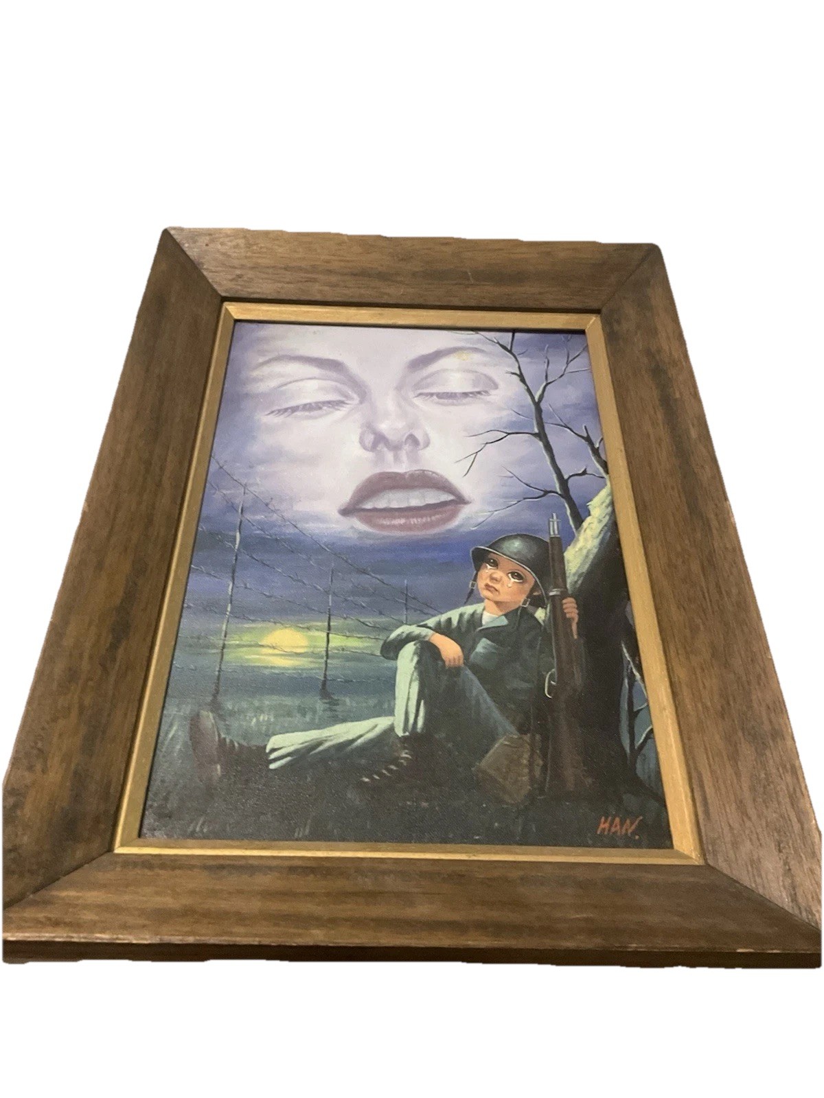 Military Framed Art Kitsch Oil on Canvas Big Eyes Soldier 1966 Korea PX