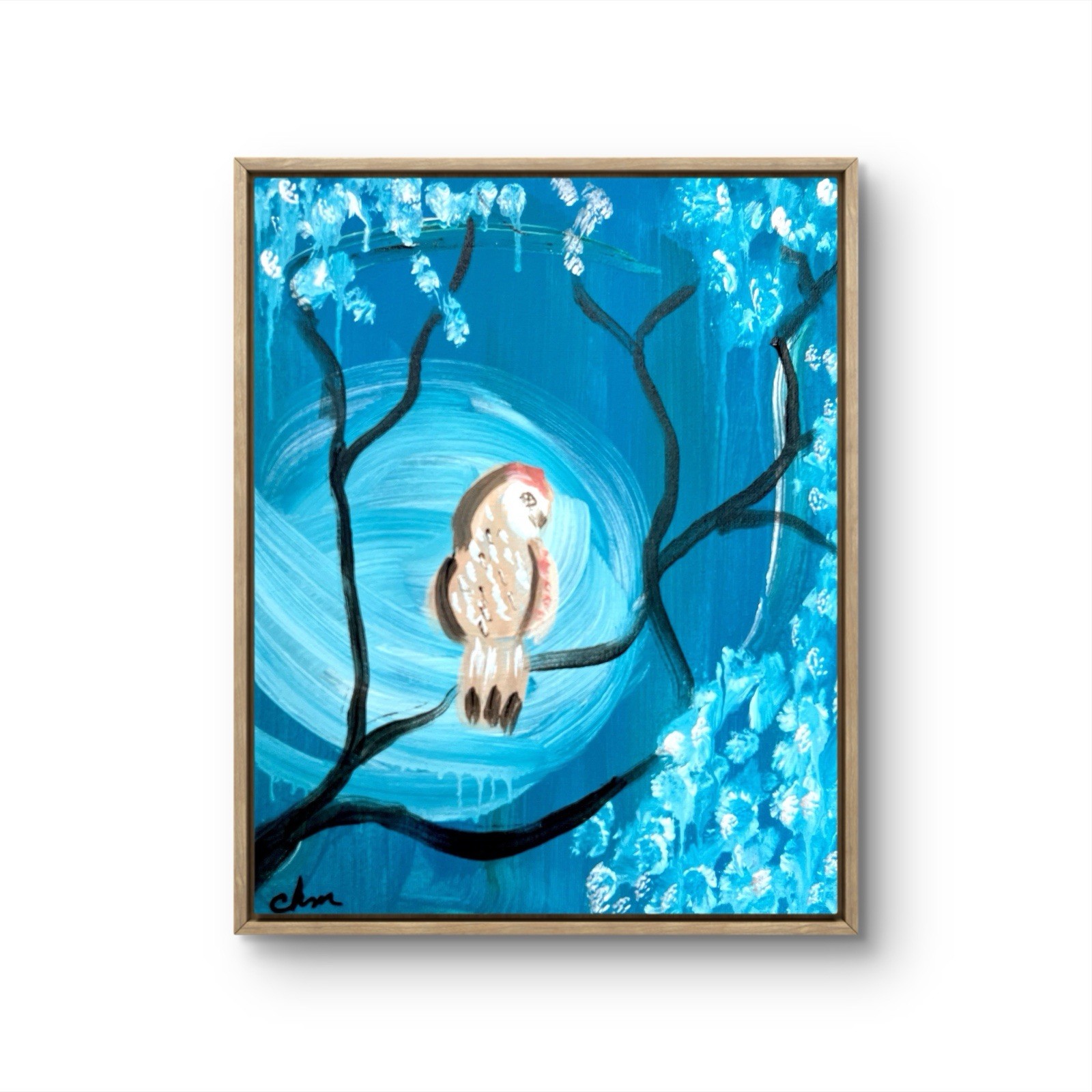 11 x 14 Owl Amidst Blue Expressionism Abstract Art Handmade Colorful Home Decor