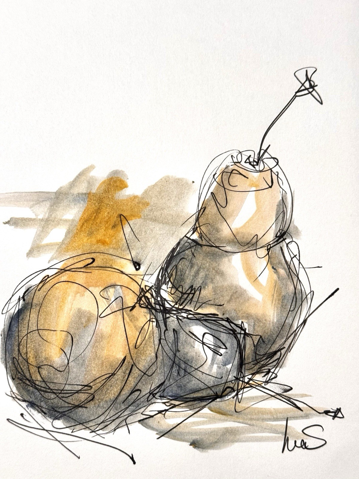 Original Abstract Expressionism 9X12 Pears Paper Ink Colorful Handmade Signed 15