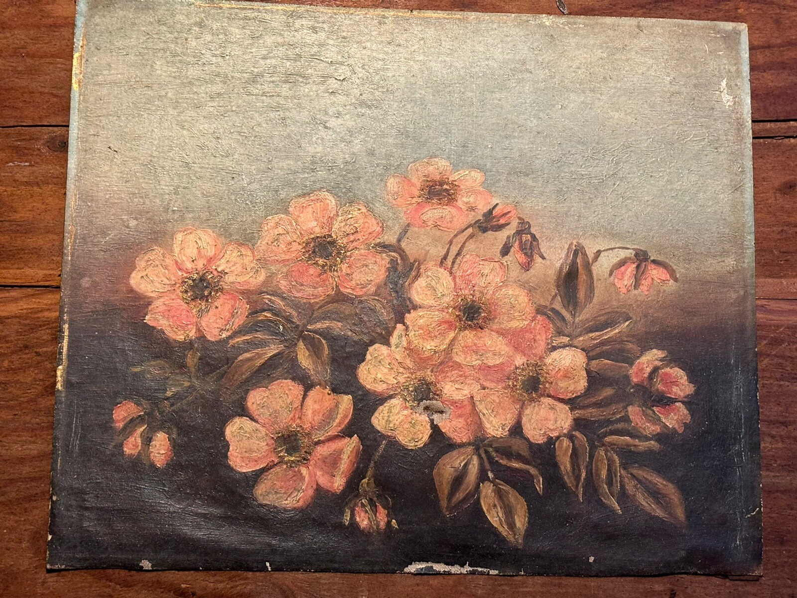 Antique English Cottage Style Single Pink Rose Painting 14.5”x12”
