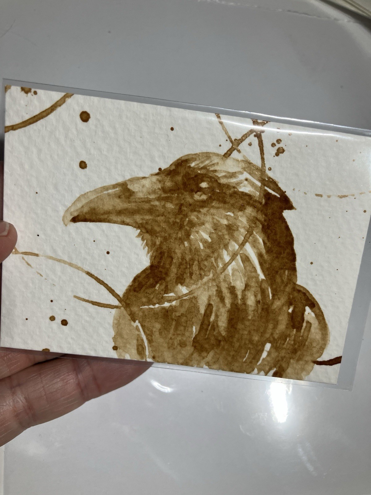Original Coffee Raven Painting Crow Art Bird Lover ATC Aceo Artwork Collectible