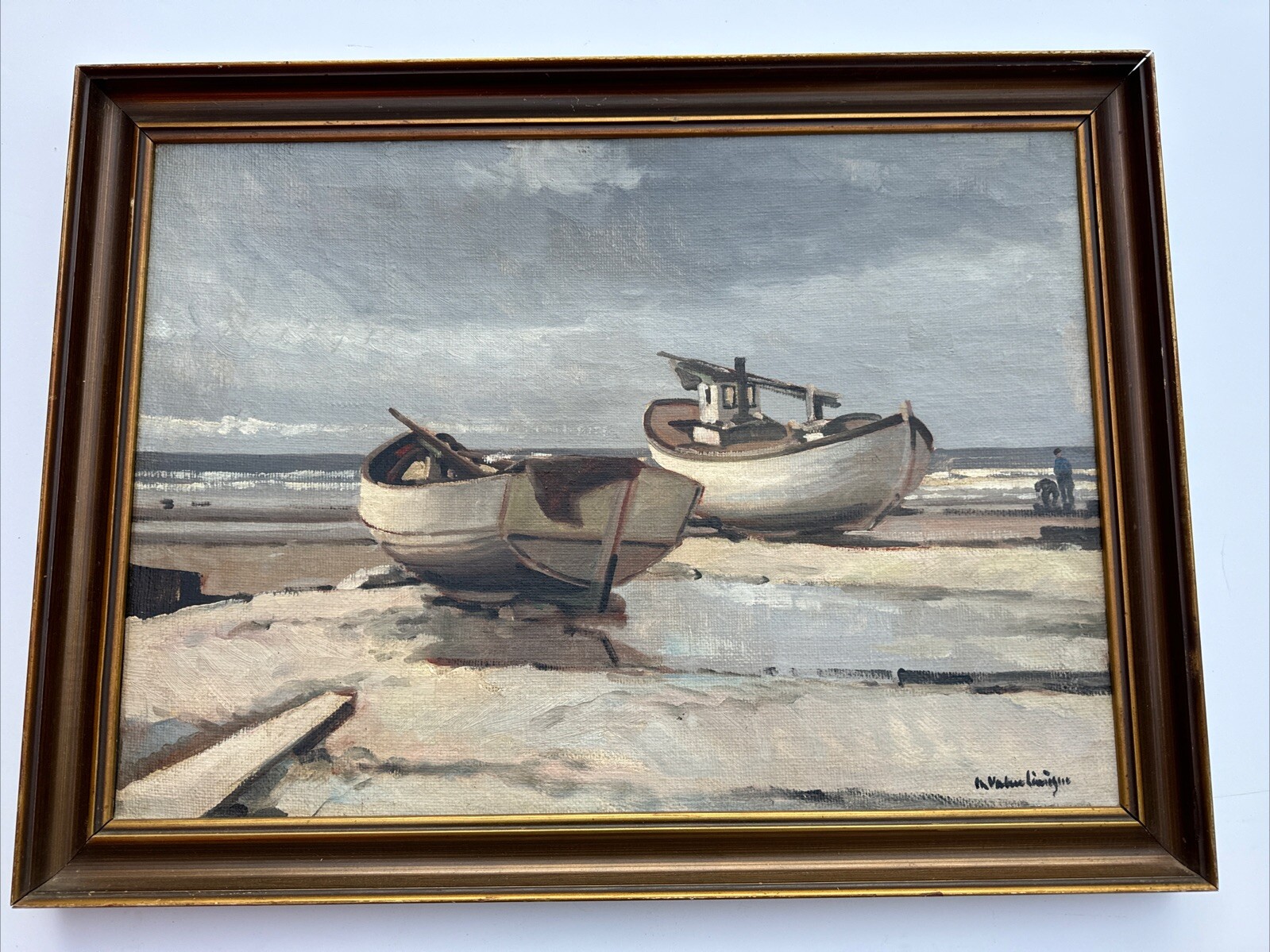 ANTIQUE IMPRESSIONIST PAINTING BEACH BOATS COASTAL NAUTICAL 1920’S OIL MYSTERY