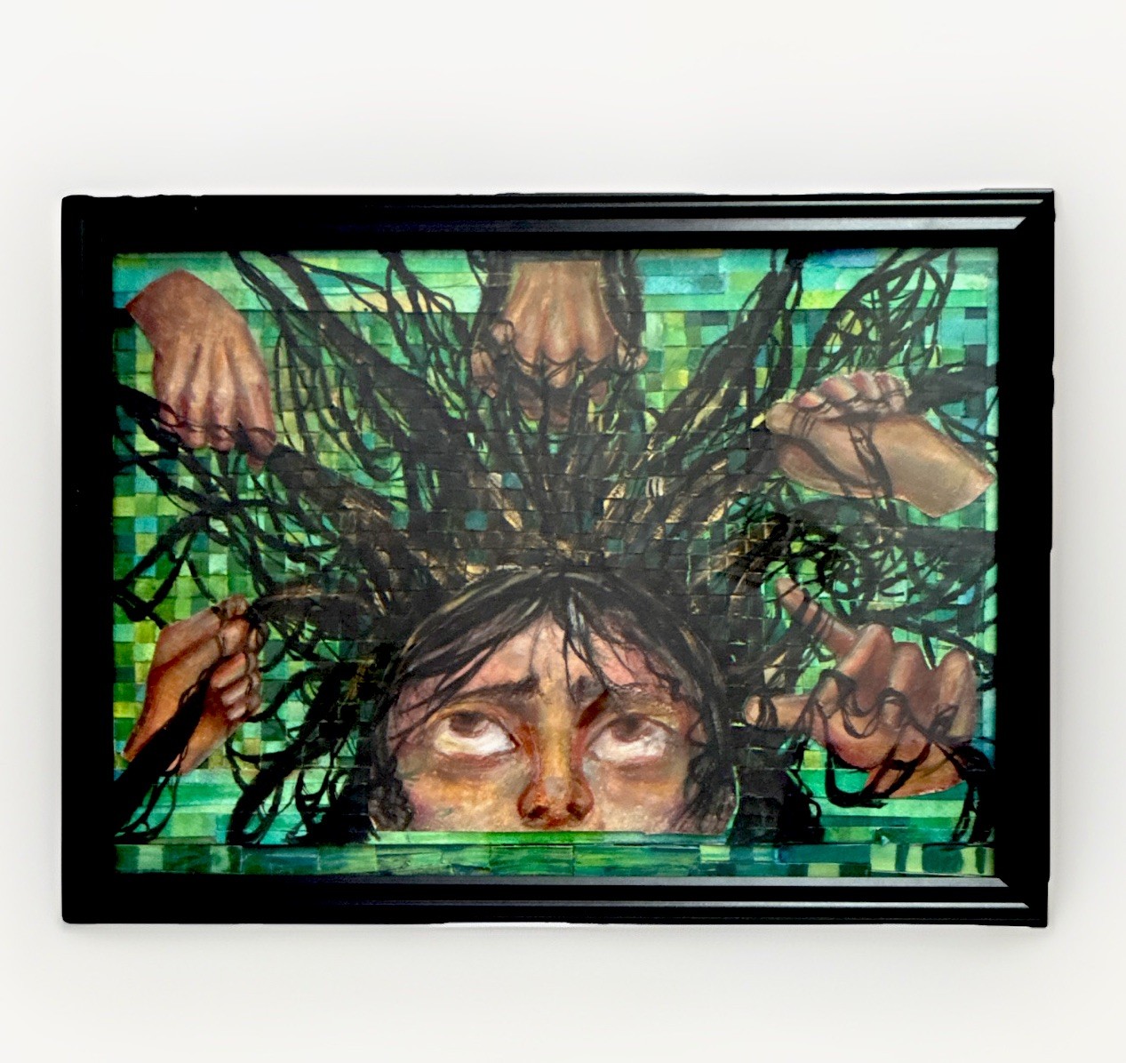 “Sacred” Original Hands Painting Over Green Mosaic Background FRAME INCLUDED