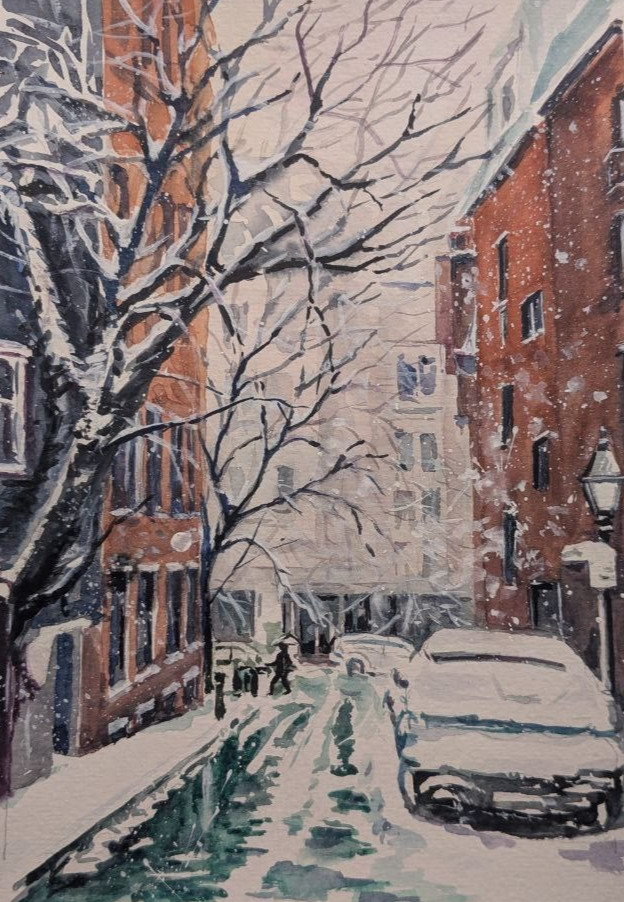 Urban Winter City Street Watercolor Painting Snowy Houses Road Trees A4 Art