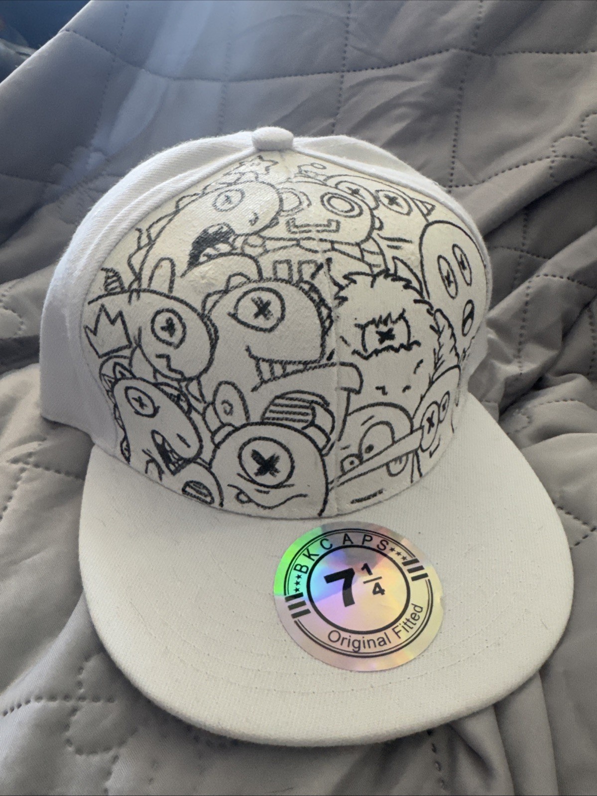 White Fitted 7 1/4 Hand Painted Hat Hip Hop Dino DIY Doodle Hat Shortiez Ink