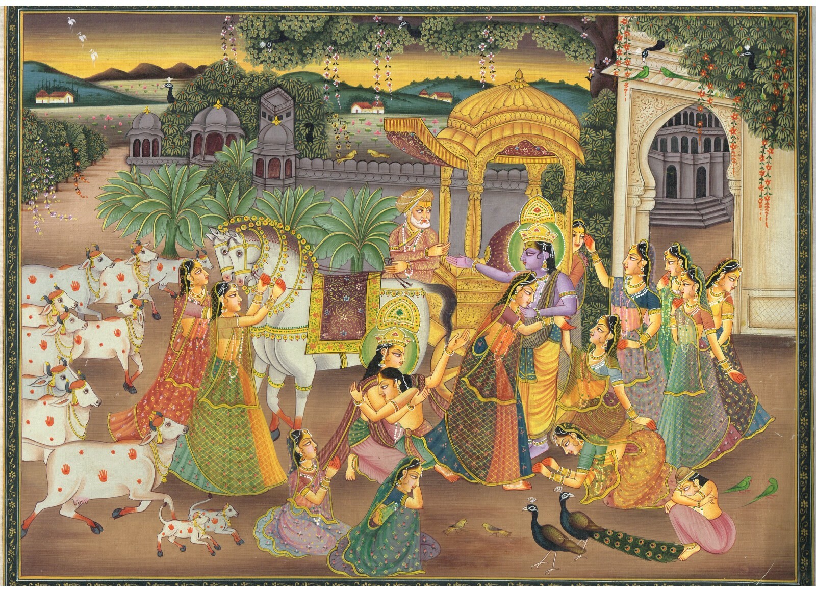 Radha Krishna Painting Of Krishna Left Vrindavan On Silk Cloth 17.5×13.5 Inches