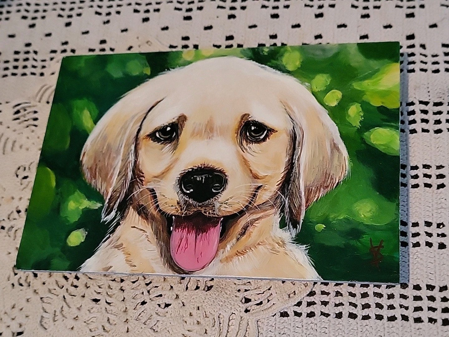 Oil Painting Dog Cute Puppy Pet Animal Portrait Signed 9″x6″ Yellow LAB LABRADOR