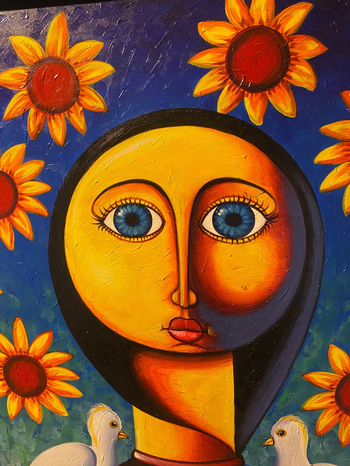 Monumental «Two Doves, Figure And Sunflowers Scene» Oil Painting – Signed/Framed