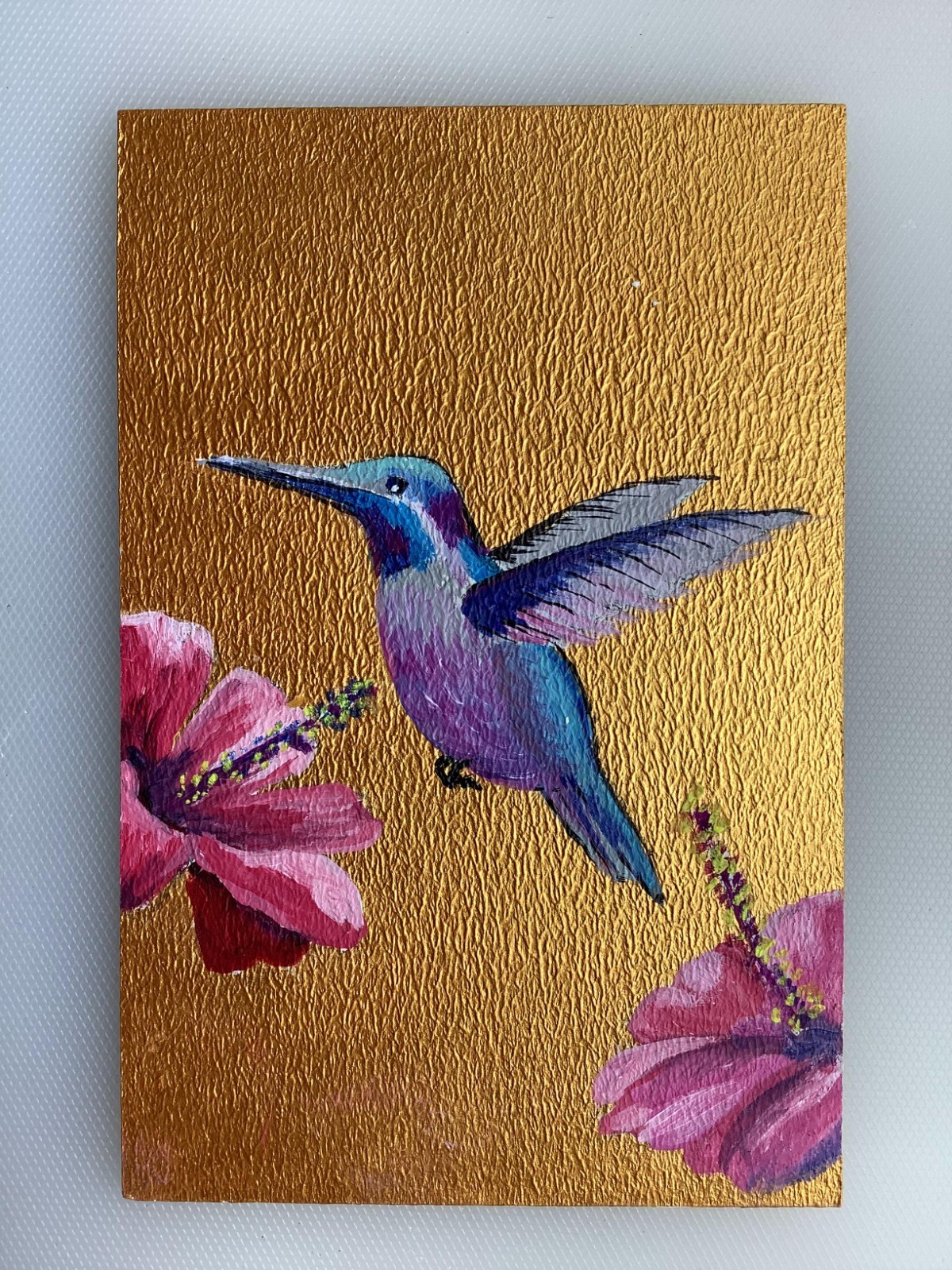 Original Painting Hummingbird & Hibiscus Flower Gold Texture Small Wall Art OOAK