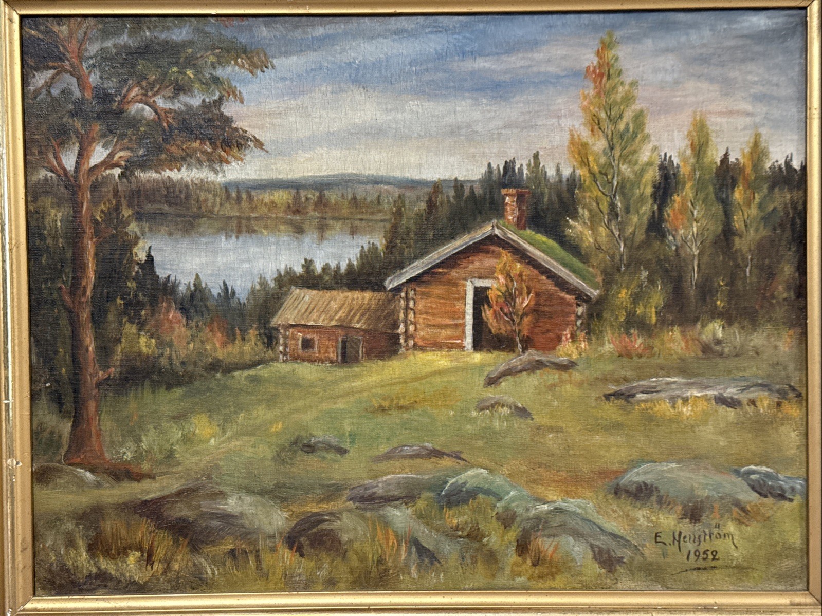 Vintage Swedish Landscape Oil Painting by E. Hallstrom on Canvas 1952