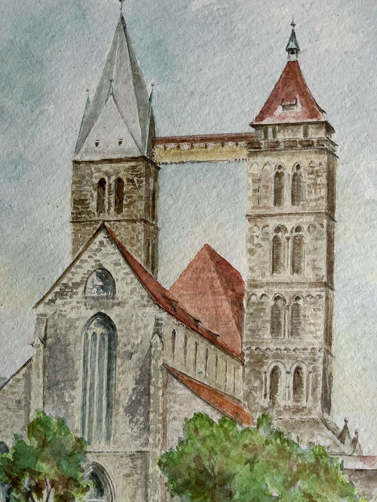 Watercolor Sign.Barth Date 1981 Esslingen Bridge with Church and Flower Details