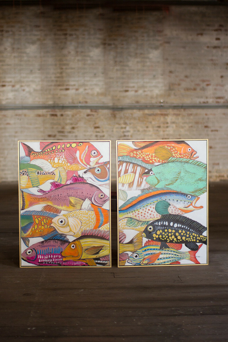 Coastal Bright Colorful Fish Set Two Hand Painted Gold Frame Oil Painting