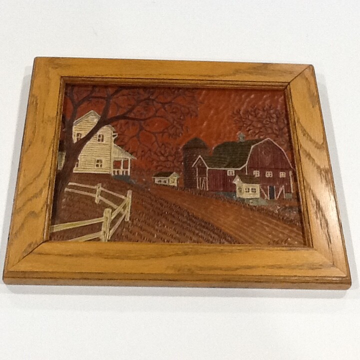 Orig. Stephen Brown Leather Scenes Hand Tooled Leather Art, Signed, Farm Scene