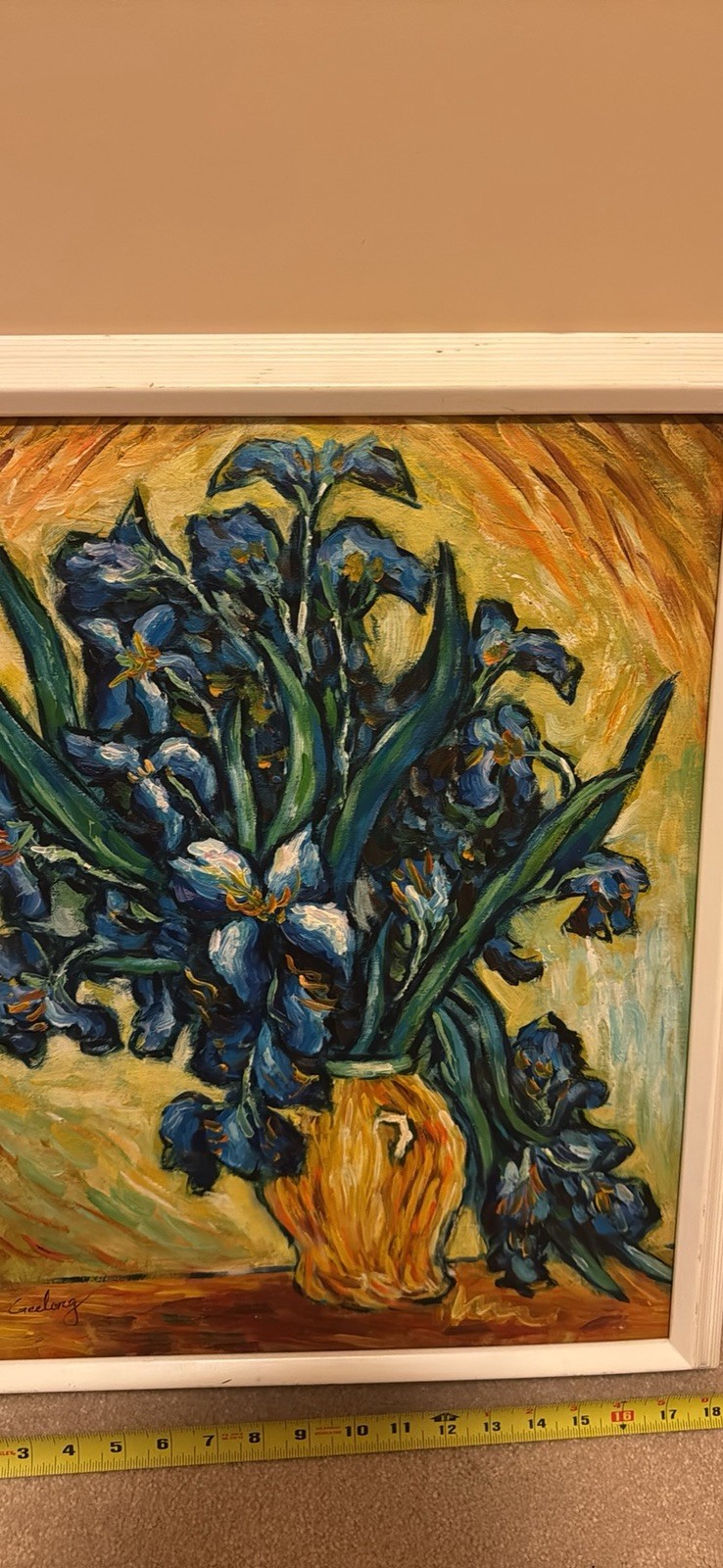 Vase with irises against a yellow backdrop – Original Oil Painting By Geelong