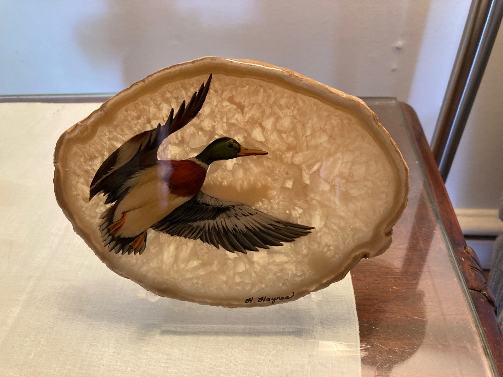 Vintage Hand Painted Duck on Stone Agate Slab Signed Heather Haynes McGee VG