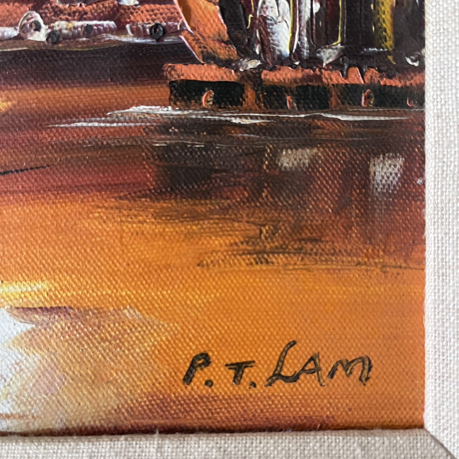 Vintage Framed Oil Painting on Canvas Sailboats Signed By P. T. Lam 17.5”x14.5”