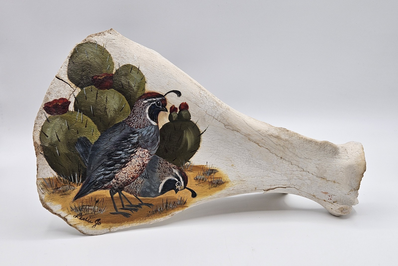 Hand Painted Deer Buck Shoulder Bone Art: Quails & Cacti by Leslie Jo 13″W – EUC