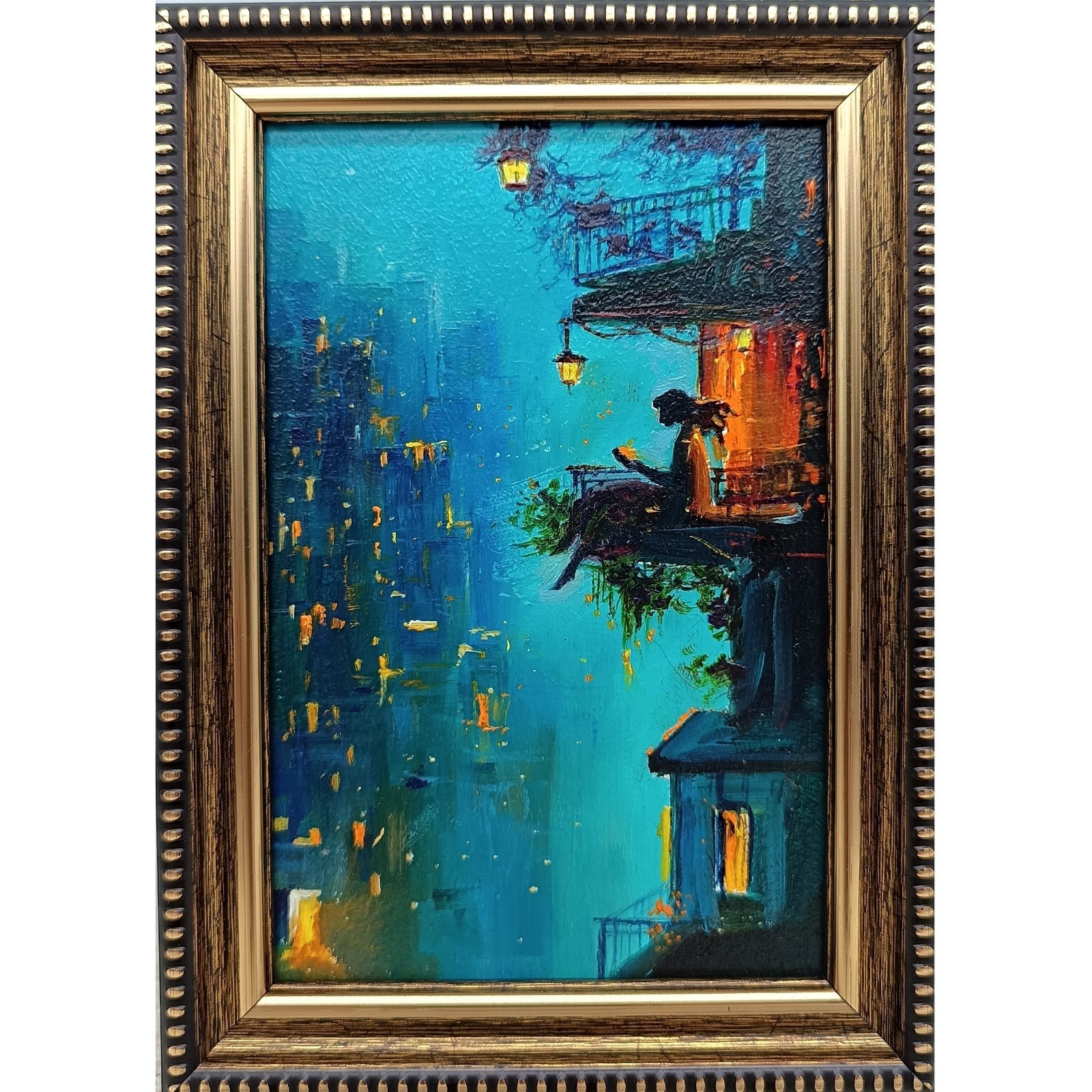 Romantic Girl Original Oil Painting 4×6 Framed Signed City Night Balcony Art