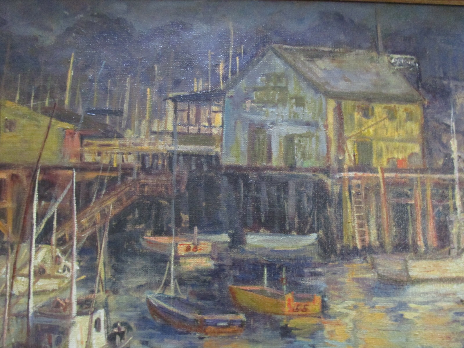BEVERLY SIGNED PAINTING AMERICAN INDUSTRIAL COASTAL HARBOR MARINA FISHING PORT