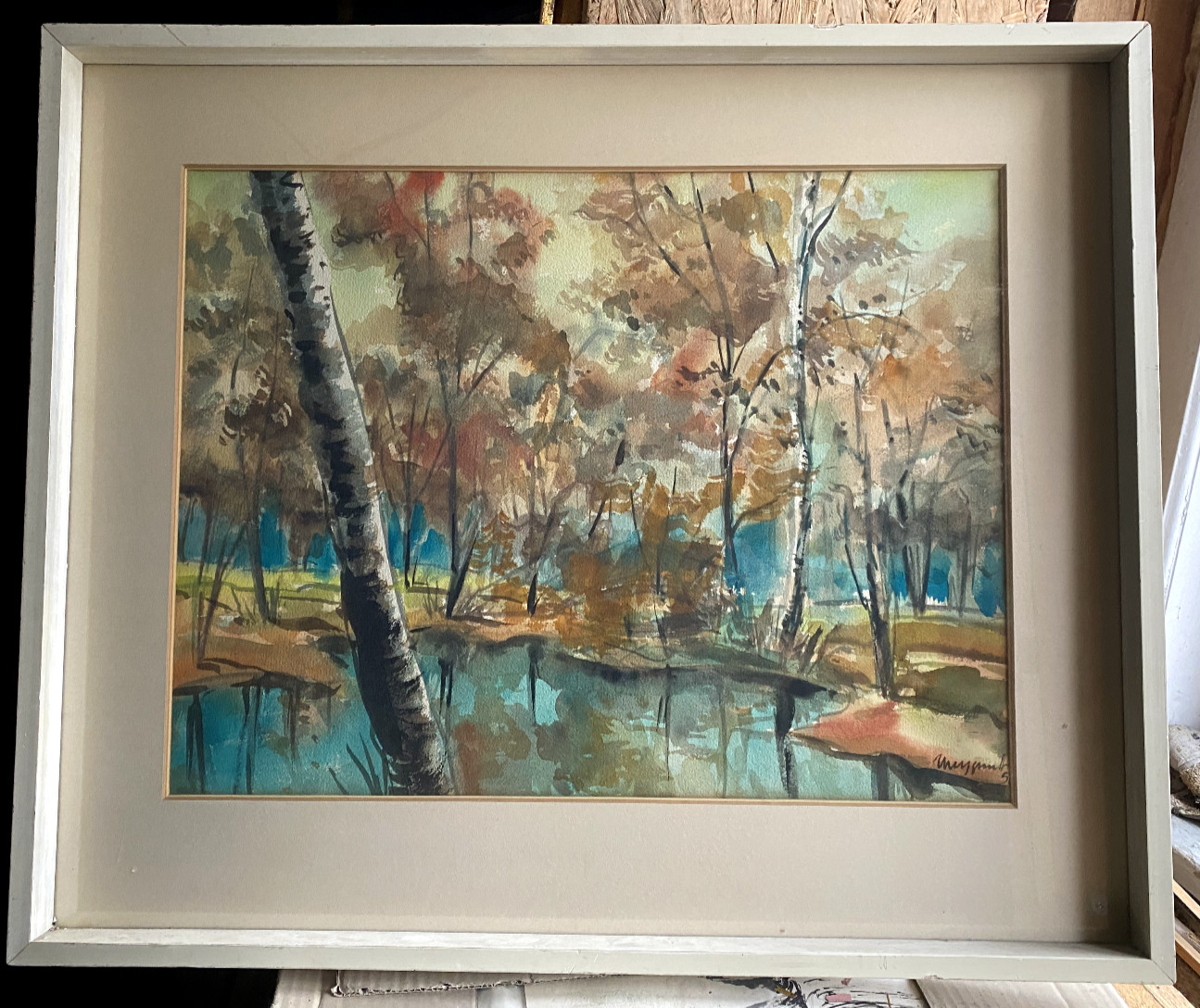 WATERCOLOR ILLEGIBLY SIGNED LAKE AUTUMN TREES EXPRESSIONIST ANTIQUE FRAMED