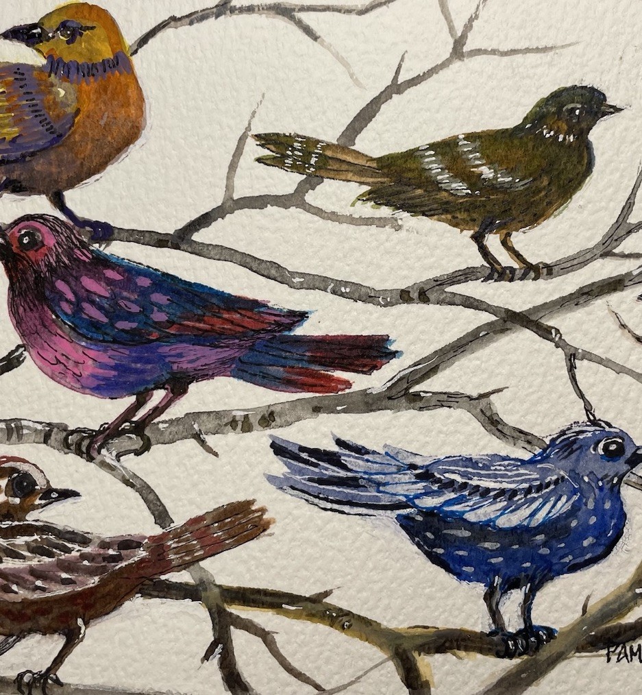 5 x 7” watercolor, Pamela Wilhelm Colorful Whimsical Birds In Trees On Branches