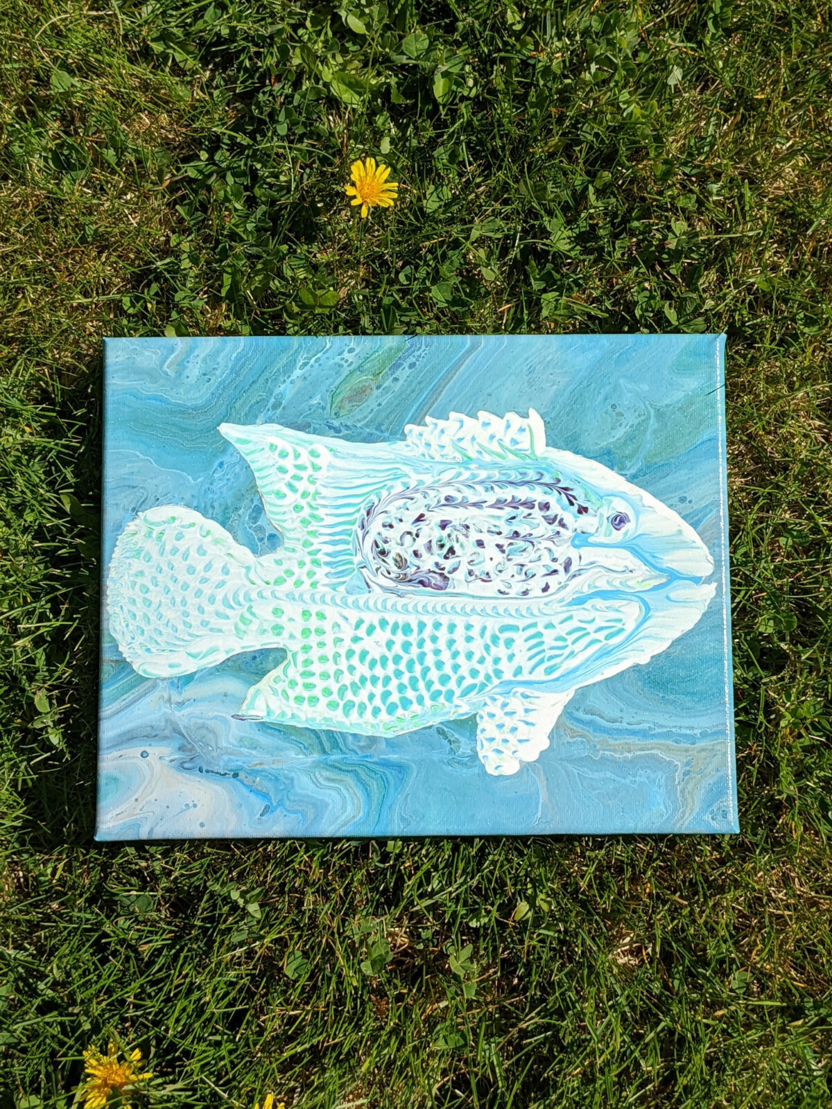 Original Acrylic Fluid Pour Painting of Fish, Title White Damsel, 8×10 Canvas