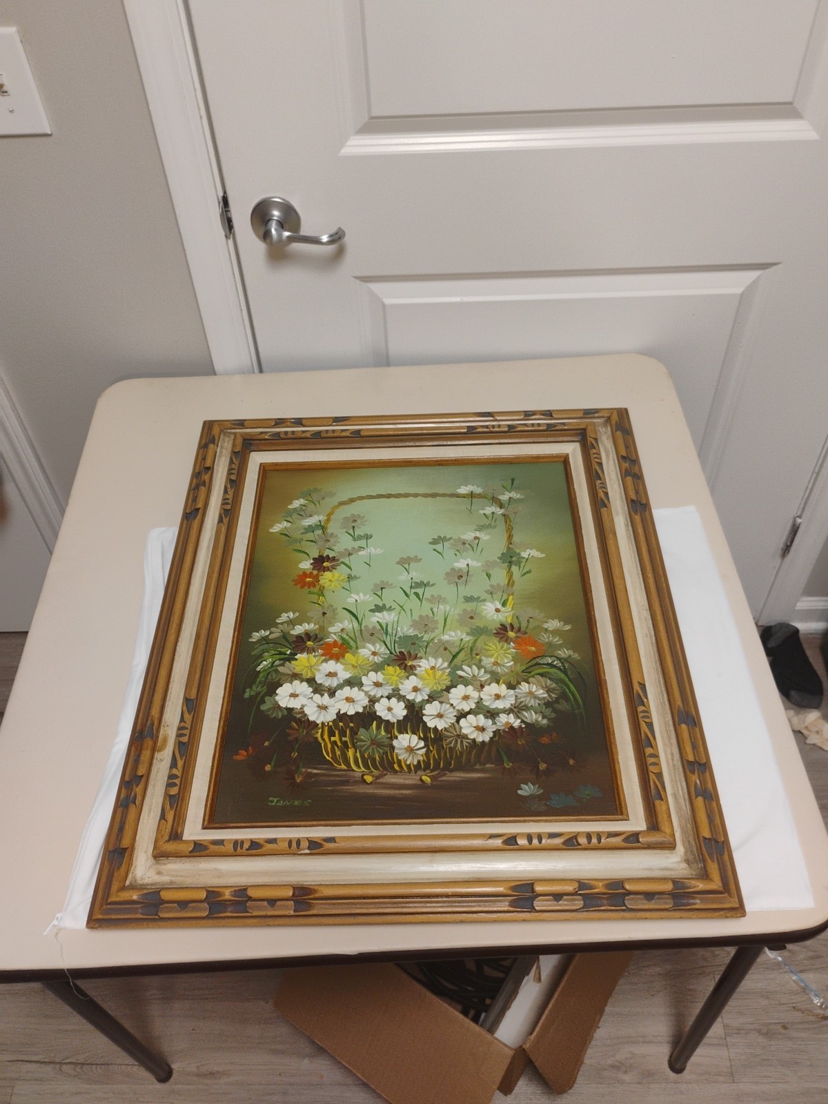 24″×27.5″ Framed Oil Painting( Not A Print) On Canvas/ Daisies In A Basket/Wood
